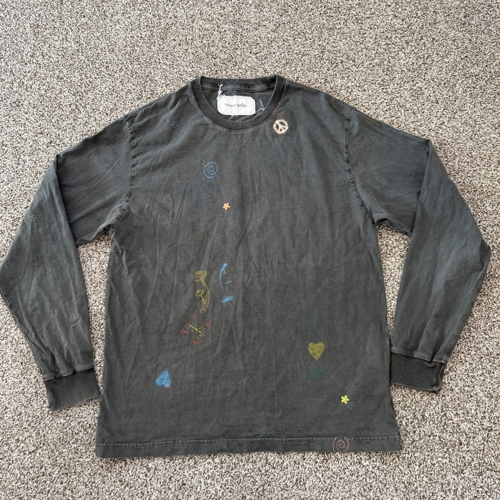 Story Mfg. Men's Medium Oversized Long Sleeve T-Shirt Faded Black Mushrooms